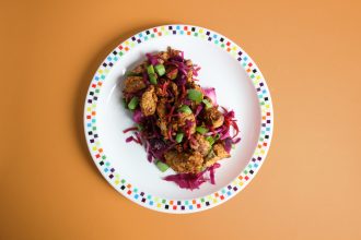 Colour Burst Patterned Plate with Chicken Salad