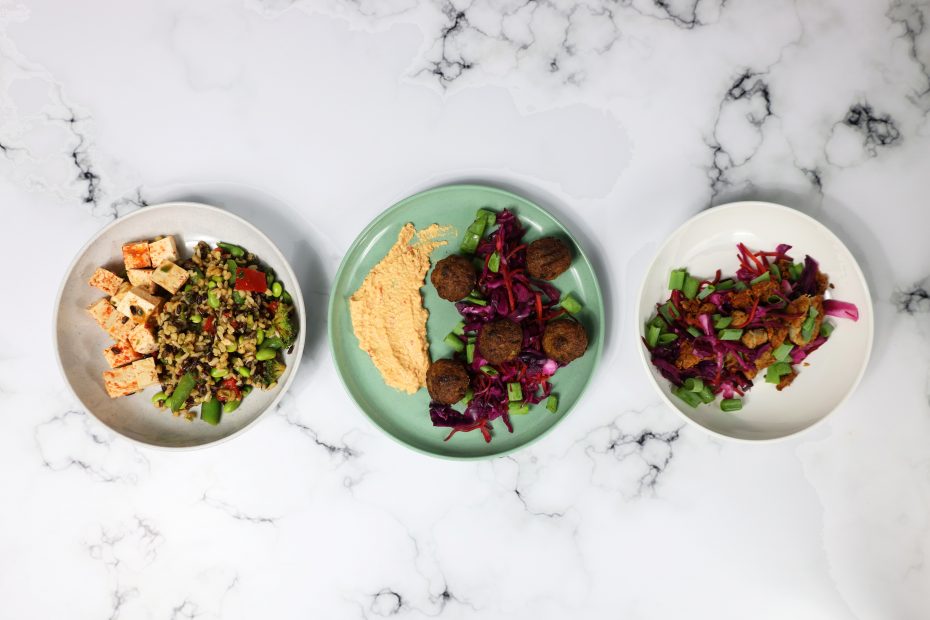 Green Speckled Walled Plate and Bowls with Street Food